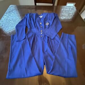 Vintage Joan Walters Jumpsuit Romper 1980s RoyalBlue Size 10 Embroidered Pocket